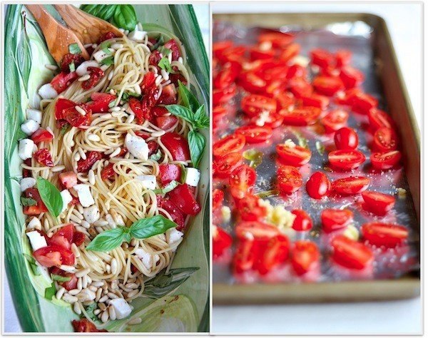 Спагетти с помидорами и кедровыми орешками.